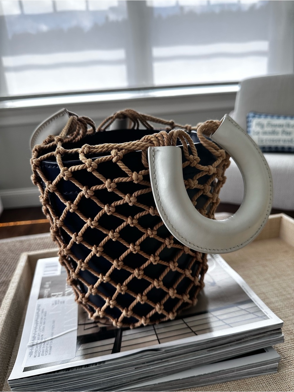 Staud Woven Rope Net Bucket Bag with White Handle - Blue/White - Picture 2 of 5